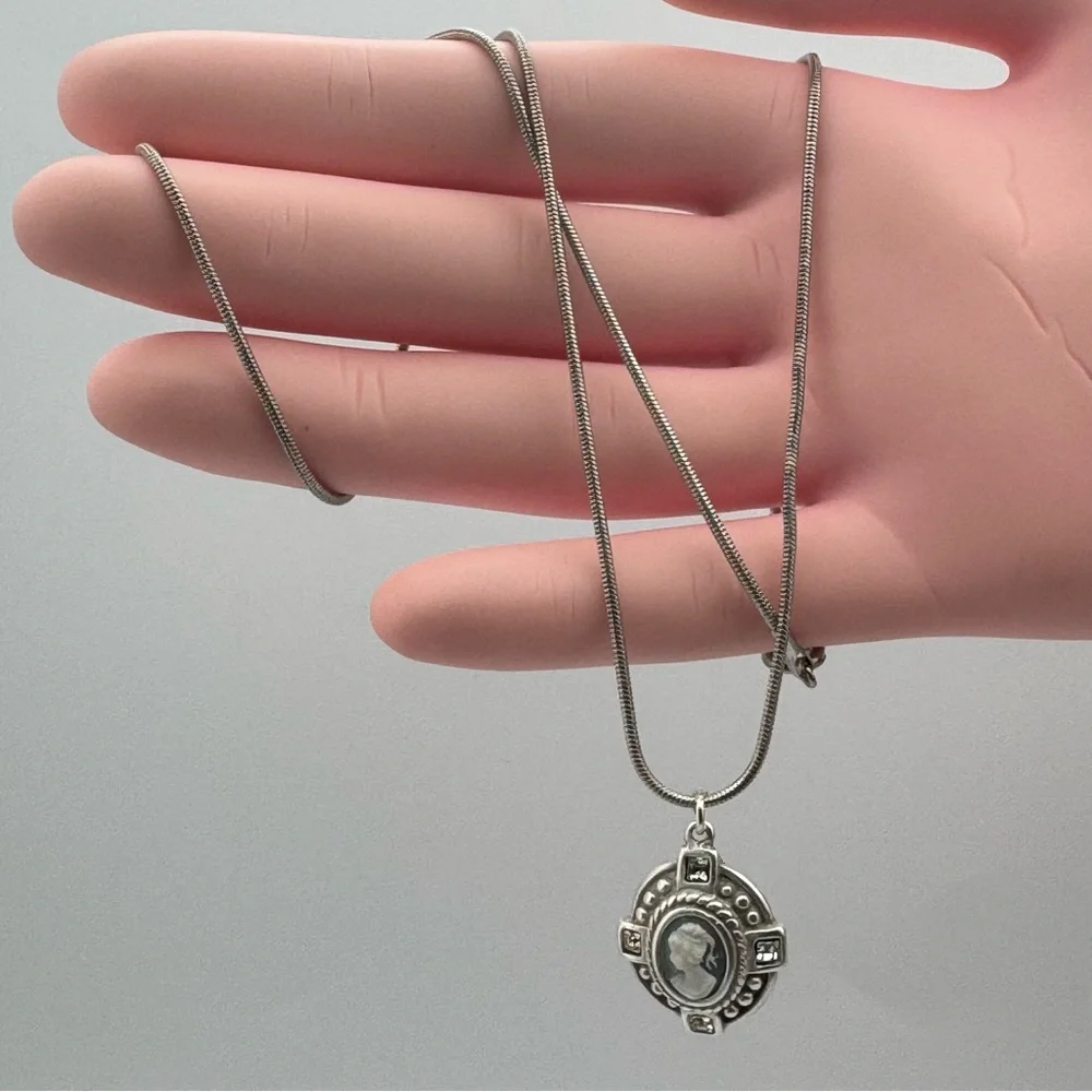 Sterling Silver Cameo Pendant Necklace with CZ Accents